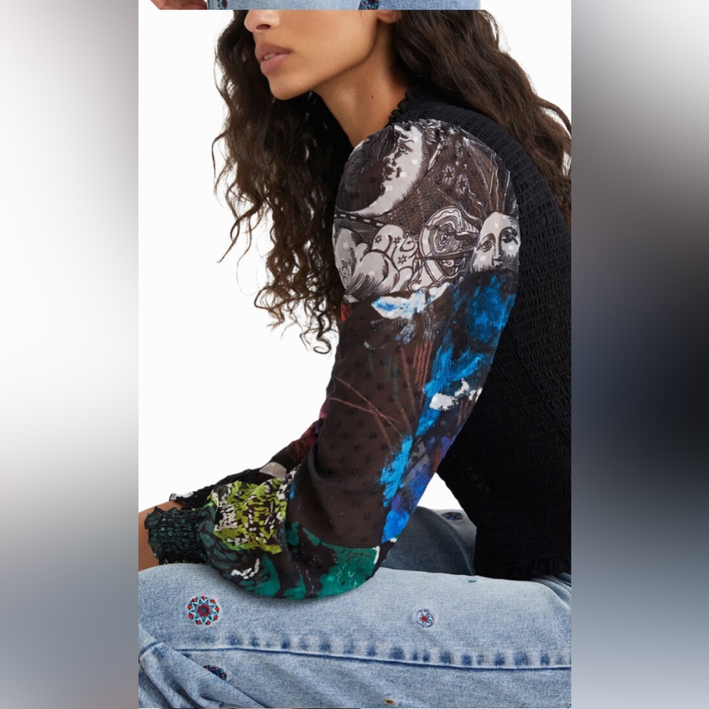 DESIGUAL Sheer Black Floral Sleeve Top size small - Picture 10 of 12